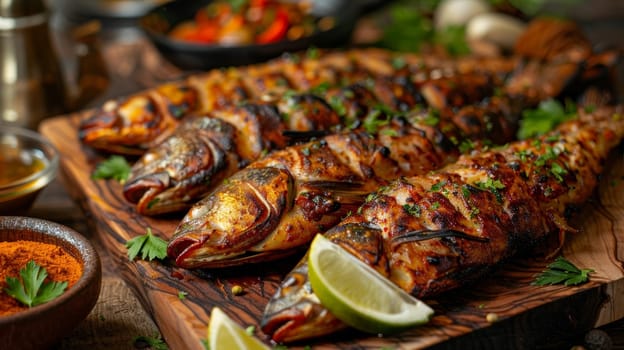 Iraqi masgouf, grilled carp seasoned with tamarind and turmeric, served on a wooden platter. A traditional and flavorful dish from Iraq