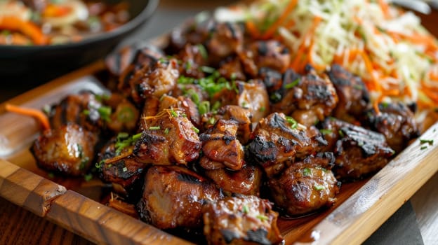 Haitian griot, marinated and fried pork cubes with spicy slaw, served on a serving tray. A flavorful and traditional dish from Haiti