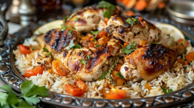 Kuwaiti machboos, spiced rice with chicken or lamb, served on a decorative plate. A traditional and flavorful dish from Kuwait