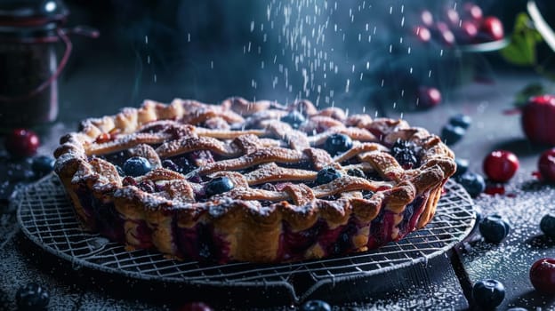 Finnish mustikkapiirakka blueberry pie on a cooling rack, with a dusting of sugar. A traditional and delightful Finnish dessert