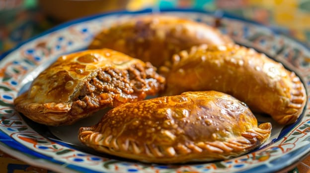 Bolivian saltenas, baked pastries filled with meat and spicy sauce, served on a colorful ceramic plate. A traditional and flavorful dish from Bolivia