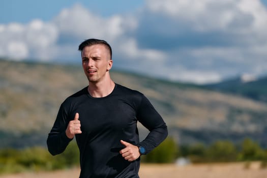 An athletic man jogs under the sun, conditioning his body for life's extreme challenges, exuding determination and strength in his preparation for the journey ahead