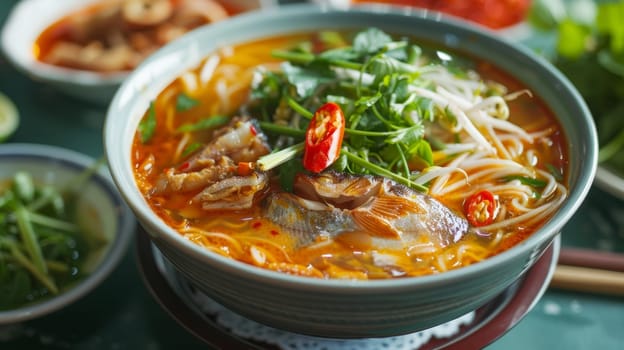 Myanmar mohinga, fish broth soup with noodles and lemongrass, served in a bowl. A traditional and flavorful dish from Myanmar