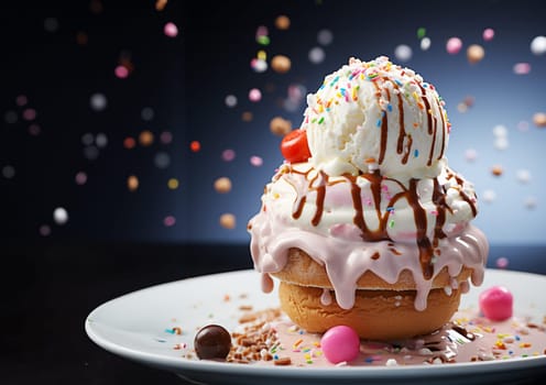 Donut dessert with strawberries and ice cream