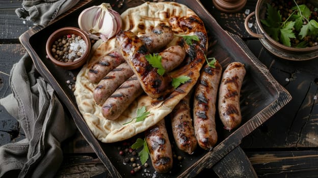 Serbian Cevapi, small grilled meat sausages with flatbread, served on a rustic tray. A traditional and flavorful dish from Serbia