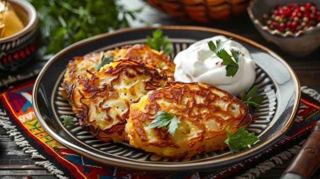 Belarusian draniki, thick potato pancakes served with sour cream, on a traditional plate. A hearty and traditional dish from Belarus