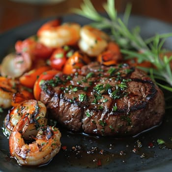 A plate of food with a steak and shrimp on it. The steak is cooked medium rare and the shrimp is grilled. The plate is set on a black table