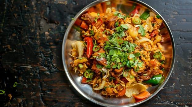 Sri Lankan kottu, chopped roti stir-fried with vegetables and chicken, served on a metal plate. A flavorful and traditional dish from Sri Lanka