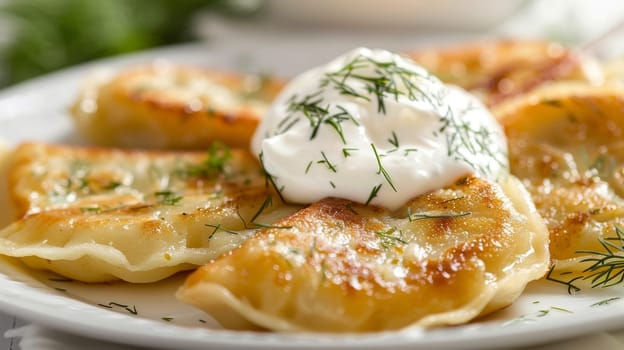 Polish pierogi, traditional dumplings filled with potato, cheese, or meat, served with sour cream and fresh dill on a white plate