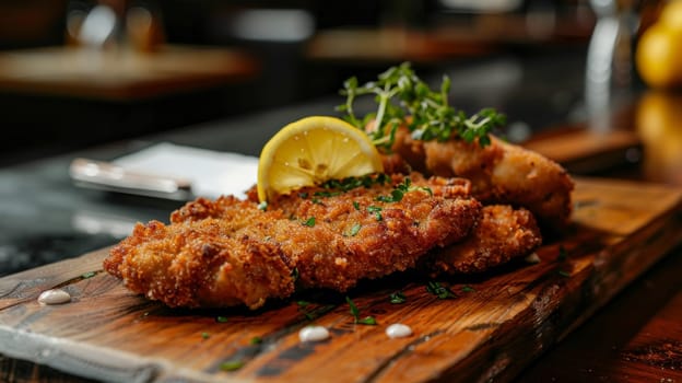 A classic German schnitzel served on a wooden cutting board, featuring a crispy breaded meat escalope with a lemon wedge.