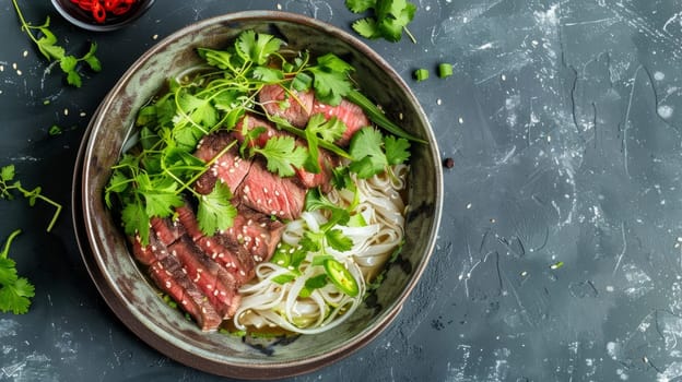 Aromatic Vietnamese pho, a traditional dish featuring noodles, beef slices, and fresh herbs in a flavorful broth. A popular and delicious meal from Vietnam's culinary heritage