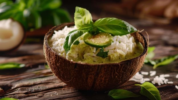 Thai green curry served in a coconut shell, accompanied by fragrant jasmine rice and fresh basil leaves. A delicious and aromatic dish representing the flavors of Thailand