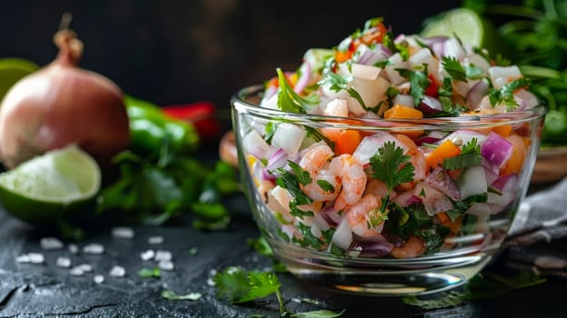 Peruvian ceviche in a glass bowl, featuring fresh fish marinated in lime juice with onion and cilantro. A popular appetizer representing the vibrant flavors of Peru