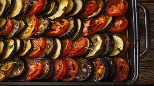 French ratatouille presented in a rustic baking dish, showcasing colorful slices of zucchini, tomato, eggplant, and bell pepper. A traditional Provencal vegetable stew bursting with Mediterranean