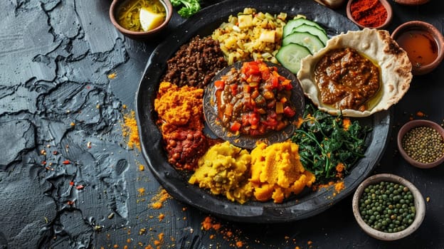 Traditional Ethiopian injera platter featuring a variety of spicy stews and vegetable sides. A flavorful and aromatic African meal showcasing the diversity of Ethiopian cuisine