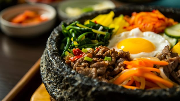 Elaborate Korean bibimbap served in a stone bowl, featuring assorted vegetables, beef, and a sunny-side-up egg. A traditional Korean dish known for its vibrant colors and flavors