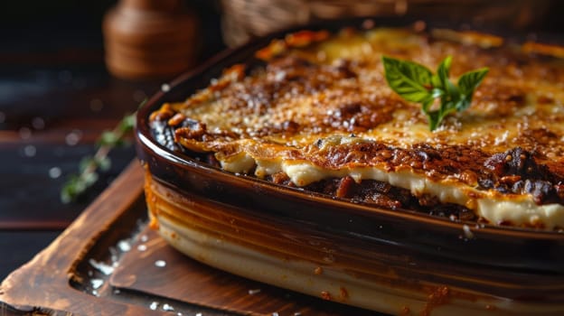 Greek moussaka in a ceramic dish, showcasing layers of eggplant, minced meat, and creamy bechamel sauce. A traditional Mediterranean casserole dish, rich in flavor and textures