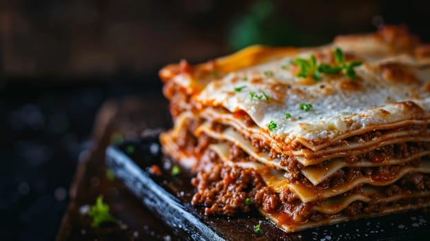 Italian lasagna with layers of pasta, ricotta, meat sauce, and melted mozzarella cheese. A classic Italian casserole dish, rich and flavorful