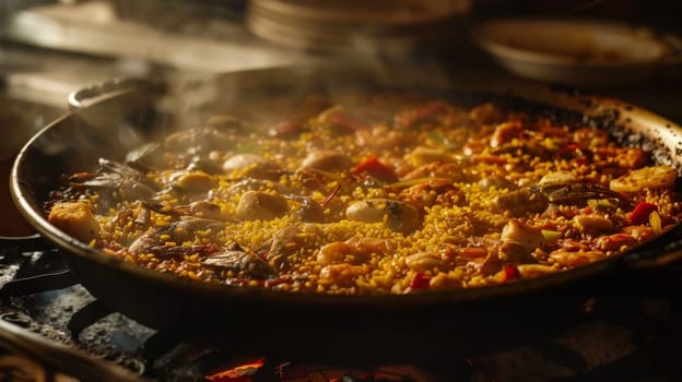 Authentic Spanish paella with seafood, chicken, and saffron rice, cooked in a traditional paella pan. A delicious and colorful dish representing the flavors of Spain