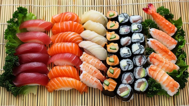 Japanese sushi platter with an assortment of nigiri and sashimi, beautifully arranged on a bamboo mat. A traditional Japanese dish showcasing the art of sushi making