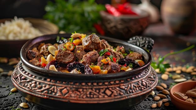 Traditional Moroccan tagine with lamb, prunes, and almonds, garnished with fresh herbs. A flavorful North African dish cooked in a distinctive earthenware pot