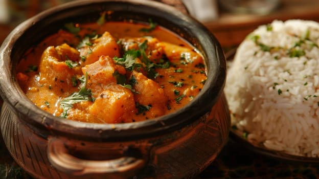 Close-up of spicy Indian curry served in a traditional clay pot with rice on the side. A flavorful and aromatic dish representing the rich culinary heritage of India