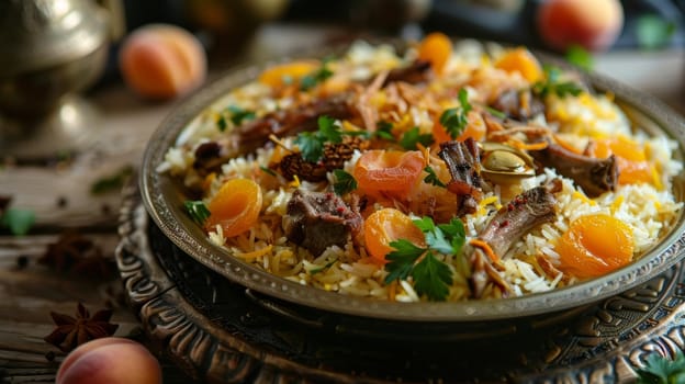 Azerbaijani plov in an ornate dish, rice pilaf with saffron, apricots, and lamb. A traditional Azerbaijani dish known for its rich flavors and aromatic rice