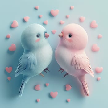 Two birds are kissing each other with hearts surrounding them. The birds are pink and blue. The hearts are scattered around the birds, creating a romantic and cute atmosphere
