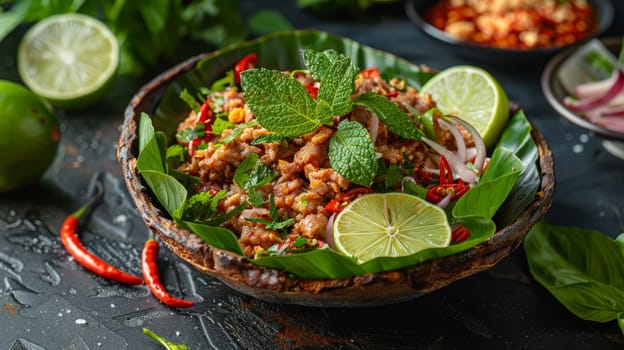 Laotian larb, spicy minced meat salad with lime and herbs, served in a banana leaf bowl. A traditional and flavorful dish from Laos