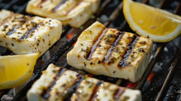 Cypriot halloumi on a grill, served with lemon wedges and a drizzle of olive oil. A delicious and traditional dish from Cyprus