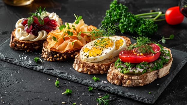 Danish smorrebrod, open-faced sandwiches with various toppings, served on a slate plate. A traditional and flavorful dish from Denmark