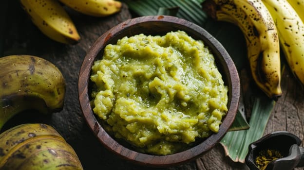 Ugandan matoke, cooked and mashed green bananas, served in a traditional bowl. A traditional and flavorful dish from Uganda