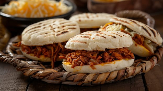 Venezuelan arepas, cornmeal cakes stuffed with cheese, pulled pork, or beans, served on a woven basket. A traditional and flavorful dish from Venezuela