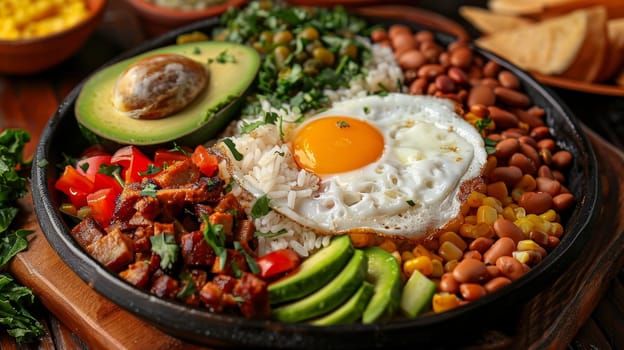 Colombian bandeja paisa on a large round platter, featuring beans, rice, pork, avocado, and fried egg. A traditional and hearty dish from Colombia