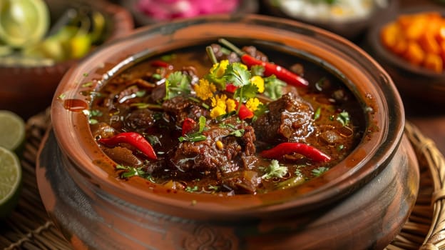 Pakistani nihari in a clay pot, a slow-cooked spicy beef stew. A traditional and flavorful dish from Pakistan