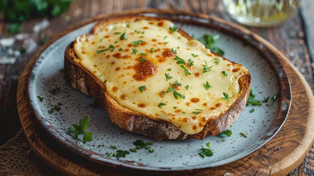 Welsh rarebit on a vintage ceramic plate, toasted bread topped with a savory cheese sauce. A traditional and tasty dish