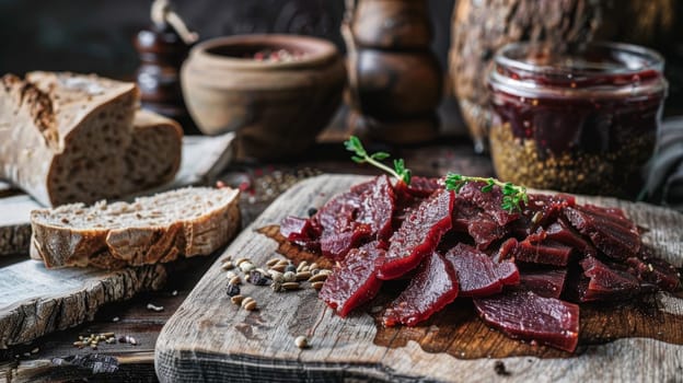 Icelandic fermented shark hakarl presented on a rustic wooden board with rye bread. A unique and traditional Icelandic dish