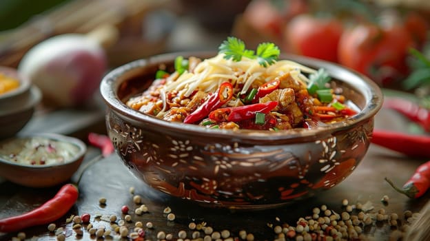 Bhutanese ema datshi in a traditional bowl, with spicy chili peppers and cheese. A traditional and flavorful dish from Bhutan