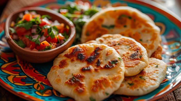 Salvadoran pupusas on a colorful plate, with a side of curtido and tomato salsa. A traditional and flavorful dish from El Salvador