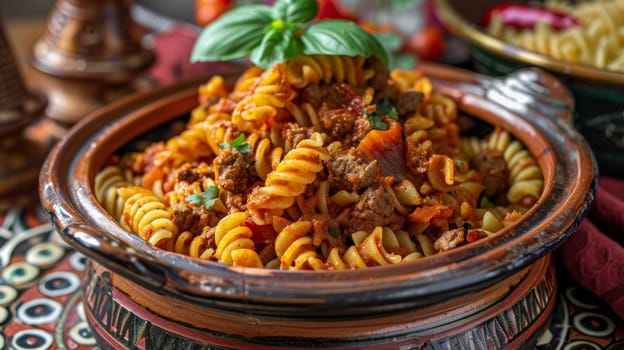 Libyan mbakbaka in a traditional tagine, pasta cooked with spicy tomato sauce and meat. A flavorful and traditional dish from Libya