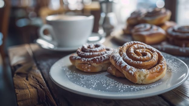 Finnish korvapuusti on a cafe table, freshly baked cinnamon rolls. A traditional and delicious Finnish pastry