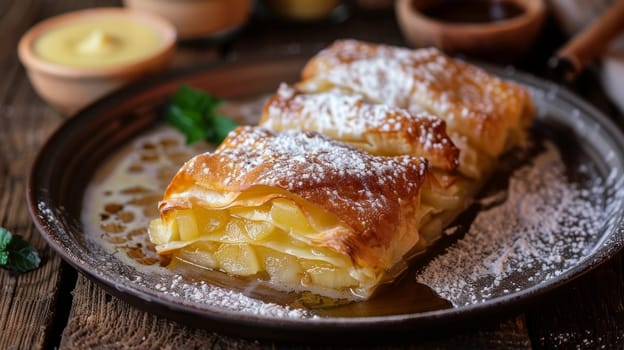 Austrian apfelstrudel on an antique plate, with a dusting of powdered sugar and a side of vanilla sauce. A classic and delightful dessert from Austria