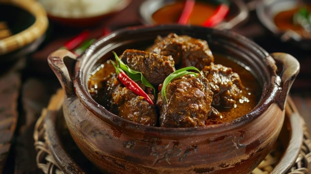 Indonesian rendang in a clay pot, slow-cooked beef in coconut milk and spices. A rich and flavorful dish from Indonesia