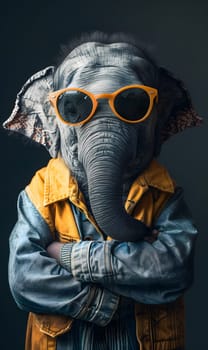 An elephant with sunglasses and a jacket stands with crossed arms, showcasing impeccable style and vision care