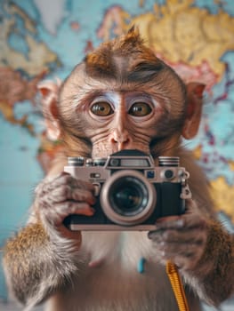 A monkey is holding a camera and looking at the camera. The monkey is wearing a camera strap and he is taking a picture