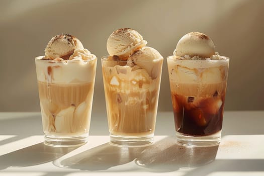 Three glasses of coffee with whipped cream on top. The glasses are arranged in a row on a table