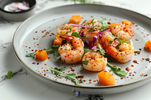 A plate of shrimp and vegetables with a sprinkle of red pepper flakes. The plate is set on a white table