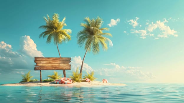 A signboard is placed on a beach next to a palm tree. The signboard is wooden and has a message on it. The beach is calm and peaceful, with the palm tree providing shade and a sense of relaxation