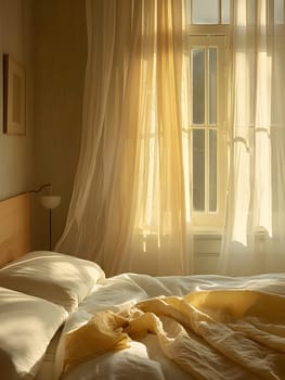 A bedroom with a comfortable bed frame made of wood, a window with yellow curtains providing tints and shades, creating a cozy interior design in the house