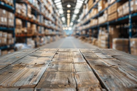 A large open warehouse with wooden floors and a lot of boxes. Scene is industrial and somewhat chaotic